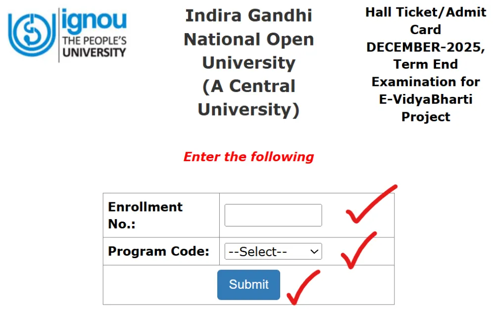 download ignou e-vidya bharti hall ticket