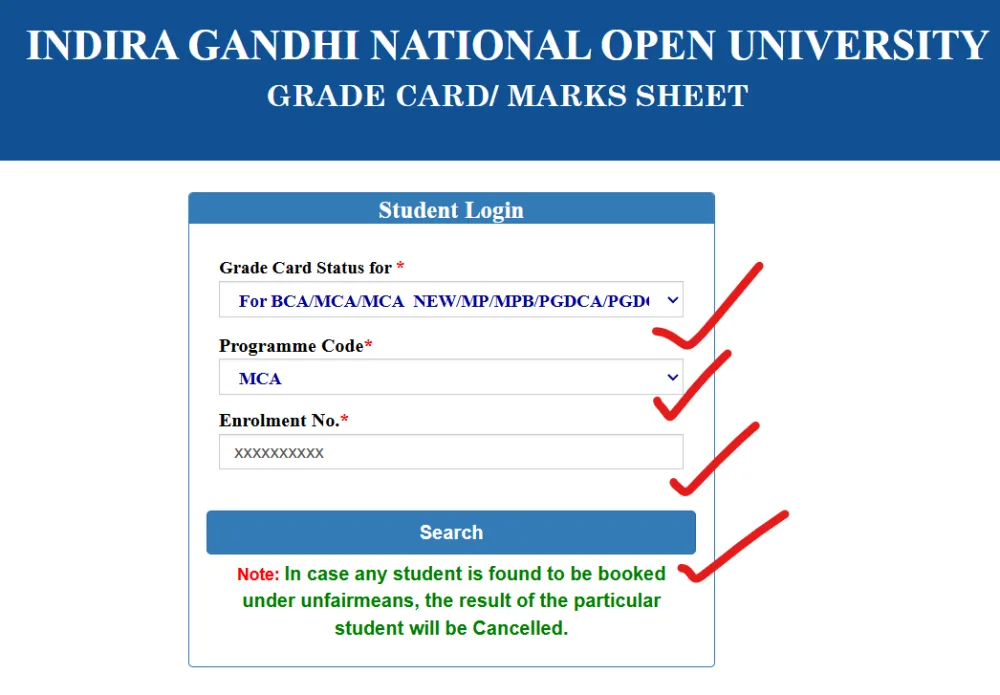 ignou grade card status check 